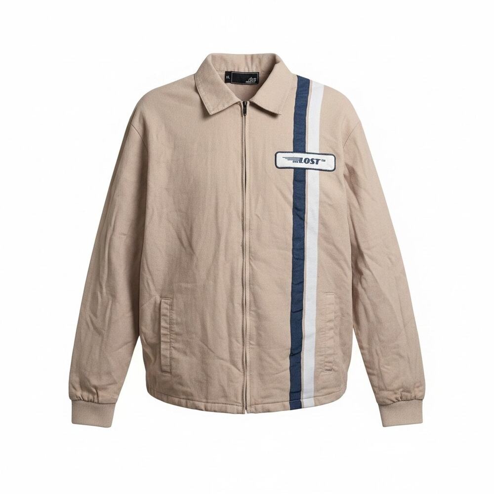 Lost Enterprises Men’s Racing Jacket Size XXL Racing Stripe Full Zip Tan Blue